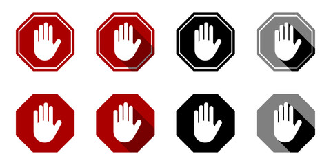 Sticker - Red Gray Black Monochrome Stop Hand Block Octagon Sign or Adblock or Do Not Enter or Forbidden Icon Set with 3D Shadow Effect. Vector Image.