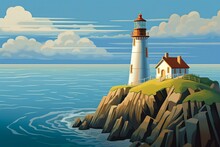 Illustration Of A Lighthouse Standing On A Cliff Overlooking A Breathtaking Blue Ocean Landscape. Generative AI