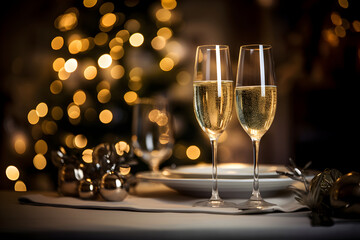 Champagne glasses on festive table with gold glowing bokeh background. Celebration background with sparkling wine.