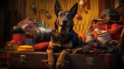 Wall Mural - A dog sits in front of a suitcase. Traveling with animals concept.