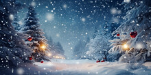Winter Snow Evening Landscape With Decorated Christmas Trees In The Forest.