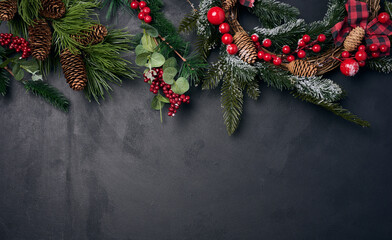 Wall Mural - Branches and a round Christmas wreath made of fir branches and other decor on a black chalk board