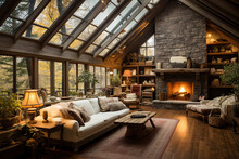 Attic Floor With Exposed Wooden Beams And Large Windows. Aged Wood Flooring, A Stone Fireplace, And Vintage Furnishings Create A Cozy Cabin Feel