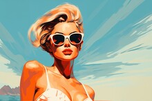 Portrait Of A Beautiful Fashionable Woman With A Hairstyle And Sunglasses, In A Bikini Or Swimsuit, On A Beach, Blue Sky Background. Illustrative Poster In Style Of The 1960s