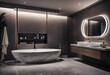 Sleek grey marble bathroom with LED lighting double vanity and freestanding tub