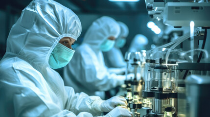 Leinwandbilder - Researchers in protective suits developing new drugs or medicines at Pharmaceutical factory.