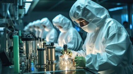 Leinwandbilder - Researchers in protective suits developing new drugs or medicines at Pharmaceutical factory.
