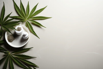 Wall Mural - Natural Alternative medicine and cosmetics, CBD, cannabis, hemp, marijuana leaves