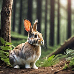 Enchanting Day in the Forest: Adorable Baby Rabbit in a Flower Grove
