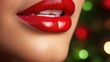 Closeup of a womans lips adorned with a mistletoeshaped lip gloss, perfect for a flirty and fun holiday look.