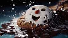 Closeup Of A Chocolate Cookie With White Cookie Icing Drizzled On Top To Resemble A Melting Snowman.