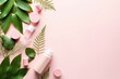 Natural cosmetics and green leaves on pink background mockup