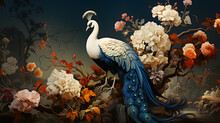 Wallpaper With White Peacock Birds With Trees Plants And Birds In A Vintage Style Landscape Blue Background
