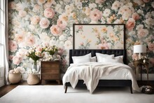 A Canvas Frame For A Mockup In An Easter Bedroom, Set Against A Backdrop Of Hand-painted Floral Wallpaper, Resonating With The Fresh Flower Arrangements Placed Bedside