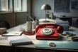 Ein Büro mit einem alten, roten Telefon auf dem Schreibtisch