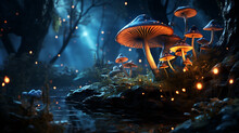 Fantasy Mushroom And Blue Butterfly In Fairy Tale Dreamy Elf Forest, Fairytale Nature. Generative Ai