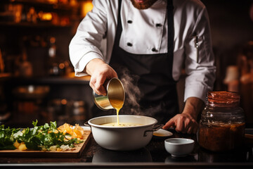 Close up male chef's hand in uniform pour soup, sauce, cheese, seasoning or egg into bowl of food or soup in stock pot at restaurant's kitchen.