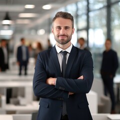 Businessman leader CEO in a modern office with business people working