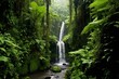 Waterfall amidst lush greenery in a tropical rainforest. Generative AI