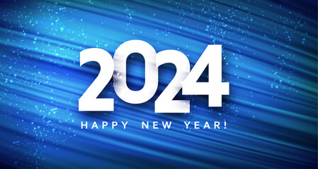 Wall Mural - New Year 2024 poster with white paper numbers on gradient bright blue textured background with light particles.