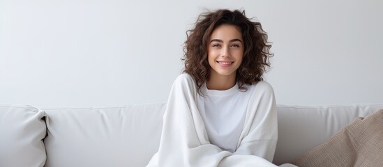 Contented young woman lounging on couch in comfortable attire with coffee