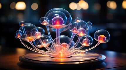 Wall Mural - Illuminated 3D depiction of atomic structures showcasing transparent spheres with glowing centers, highlighting the beauty of subatomic world on a dark backdrop.
