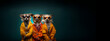 Three dogs wearing orange clothes and sunglasses, banner, texture, design
