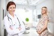 © BillionPhotos.com - Happy young pregnant woman with doctor at clinic, AI generated image