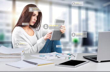 Poster - Woman using gadgets with intelligence Ai, AI generated image