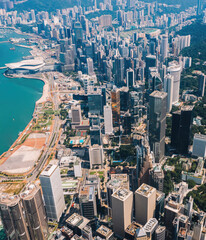 Wall Mural - Aerial scenery panoramic view from drone of Hong Kong skyscrapers skyline with metropolitan bay