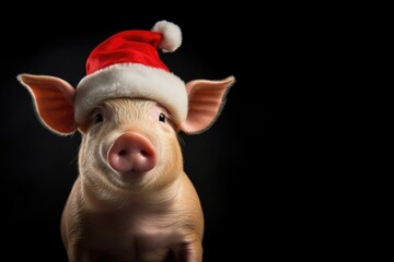 pig wearing christmas hat on black background
