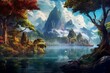 A scenic bay embraced by dense foliage and colossal peaks; resembling an exquisite digital rendition of an oil masterpiece. Generative AI
