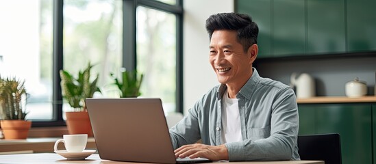 middle aged asian entrepreneur working from home happily using laptop in office