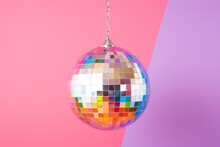  Disco Or Mirror Ball With Rainbow On Pastel Light Pink And Purple Background. Music And Dance Party Background. Trendy Party Symbol. Abstract Retro 80s And 90s Concept