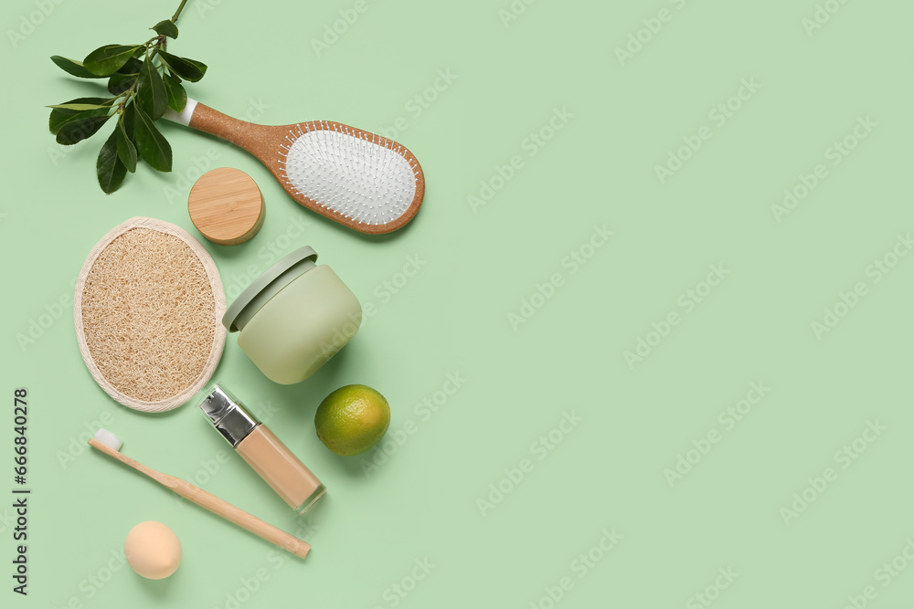 Composition with bath supplies and lime on color background