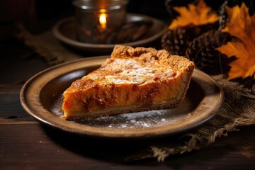 Wall Mural - Homemade pumpkin pie with cinnamon and decorated with whipped cream on wood rustic background. Organic dessert ready to eat with cup of coffee or tea. Classic autumn Thanksgiving pastry tart