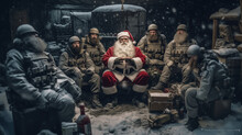 16:9 Photography Santa Claus Delivers Gifts During Wartime In Trenches And Bunkers.generative Ai