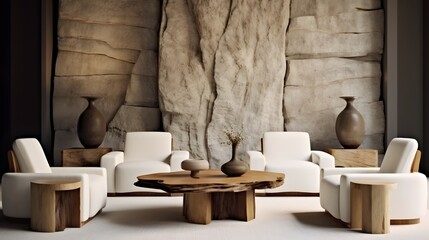 Wall Mural - Four white armchairs near natural wood live edge coffee table against wall with stone paneling decor. Minimalist home interior design of modern living room.