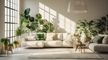 Interior Of Light Living Room With Sofas And Monstera Houseplant Interior Of Light Living Room With Sofas And Monstera Houseplant