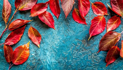 Wall Mural - autumn background with colored red leaves on blue slate background top view copy space ai generated