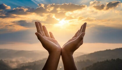 Wall Mural - human hands open palm up worship eucharist therapy bless god helping repent catholic easter lent mind pray christian religion concept background fighting and victory for god