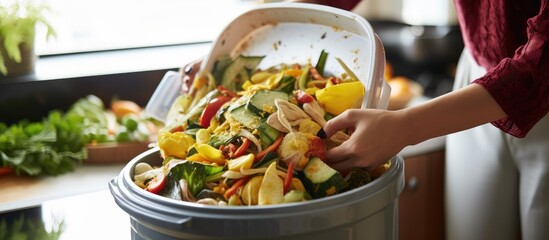 Asian woman scraping food leftovers into kitchen bucket at home close up