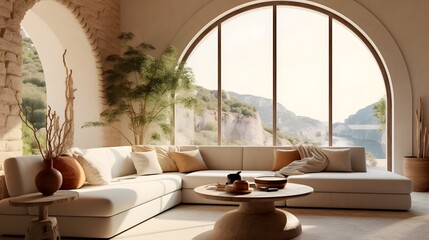 Wall Mural - Mediterranean home interior design of modern living room. Curved sofa in room with arched window and stone tiled wall.