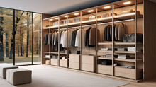Minimal scandinavian wood walk in closet with wardrobe Minimal scandinavian wood walk in closet with wardrobe