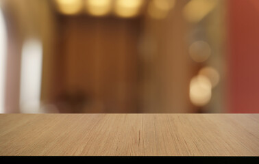 Wall Mural - Mock up for space. Empty dark wooden table in front of abstract blurred bokeh background of restaurant . can be used for display or montage your product