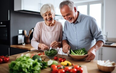 Wall Mural - Happy smiling elderly couple cooking together in the kitchen