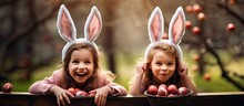 After Easter Egg Hunt Two Girls Wearing Bunny Ears Happily Discover Chocolate Eggs