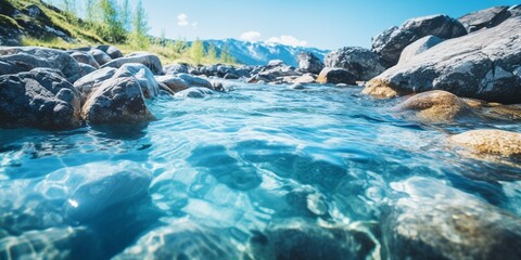 Poster - BLUBBLING WATER STREAM, FRESH BLUE BACKDROP, COLD WATER RIVER IN MOUNTAIN LANDSCAPE, NATURAL REFRESHING DESIGN : Generative AI