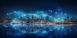 Smart city and big data connection technology concept with digital blue wavy wires with antennas on night megapolis city skyline background, double exposure : Generative AI