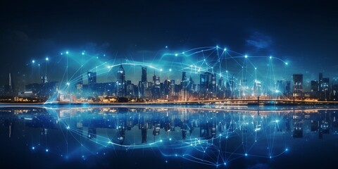 Poster - Smart city and big data connection technology concept with digital blue wavy wires with antennas on night megapolis city skyline background, double exposure : Generative AI
